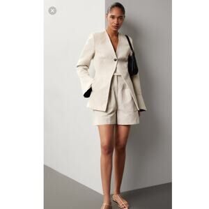 Co Beige Wool Hemp Blend Peplum Bell Sleeves One Button Blazer Jacket Size Small